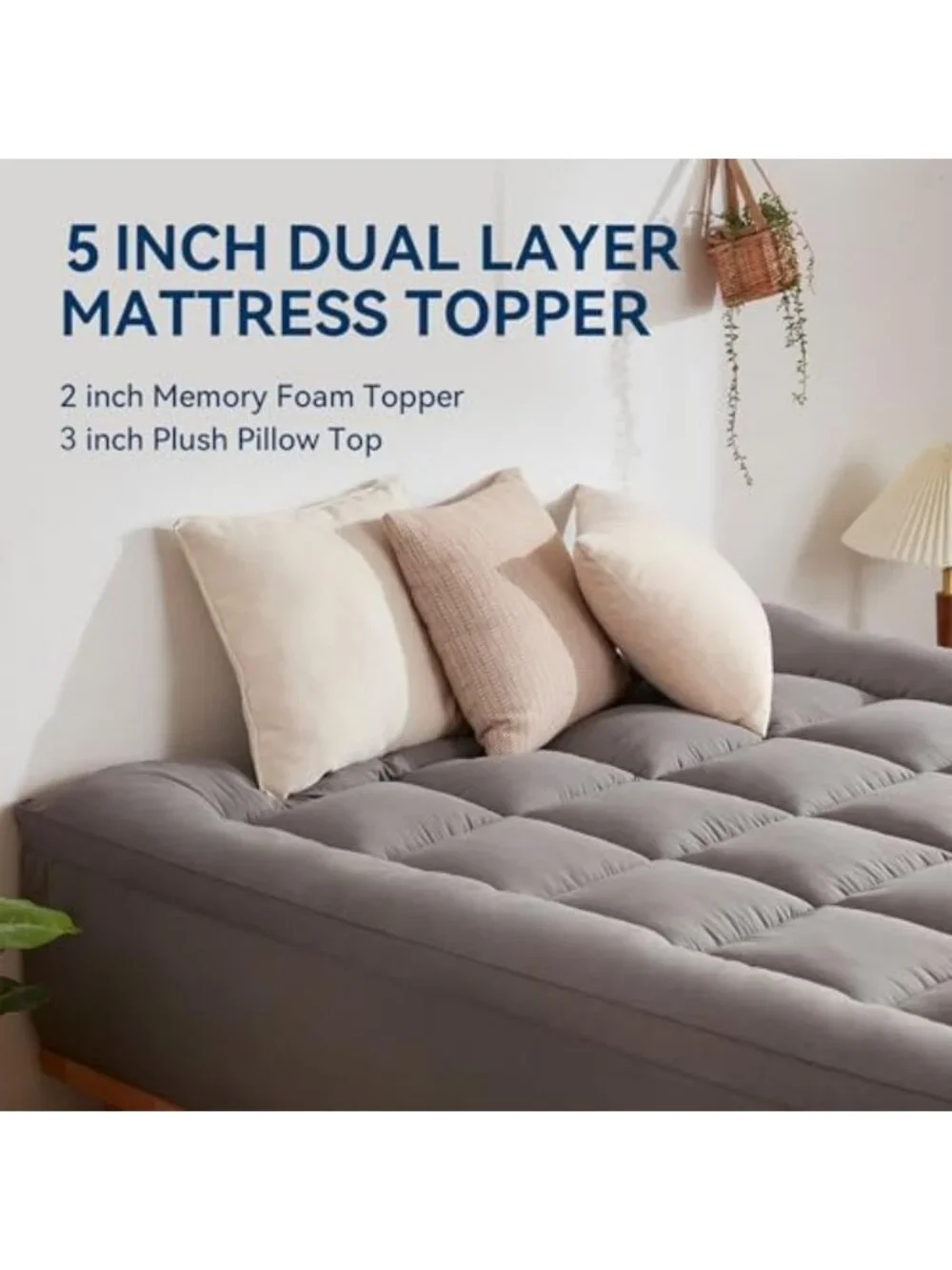 Queen Size Dual Layer 5-Inch Memory Foam Mattress Topper with Gel & Pillow Top